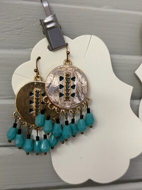 Boho Gold-Tone Teal Dangle Earrings with Beaded Fringe
